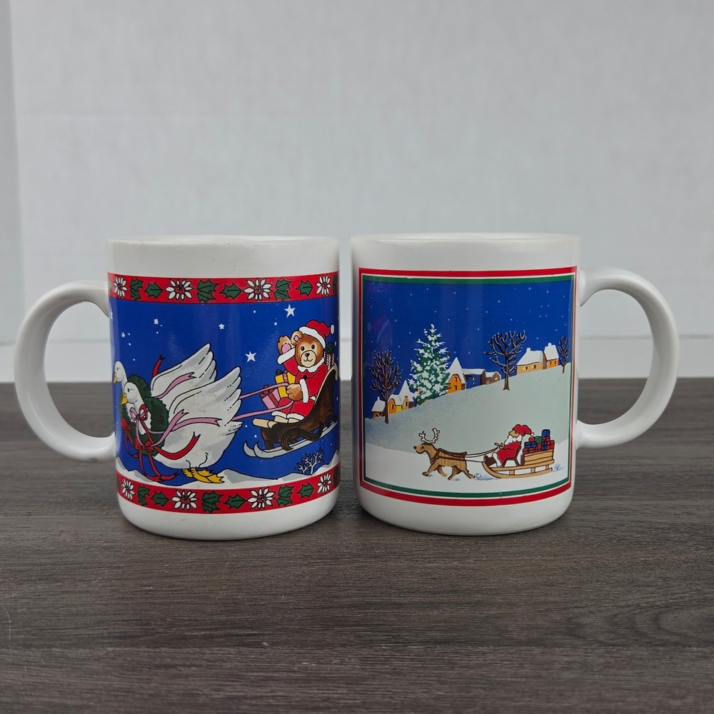1990s Kitsch Christmas Holiday Ceramic Coffee Mugs Geese Pulling Sleigh